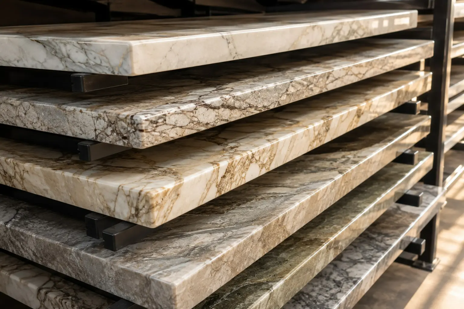 Conceptual rendering of a Prefabricated marble and quartzite countertop pieces on warehouse shelving