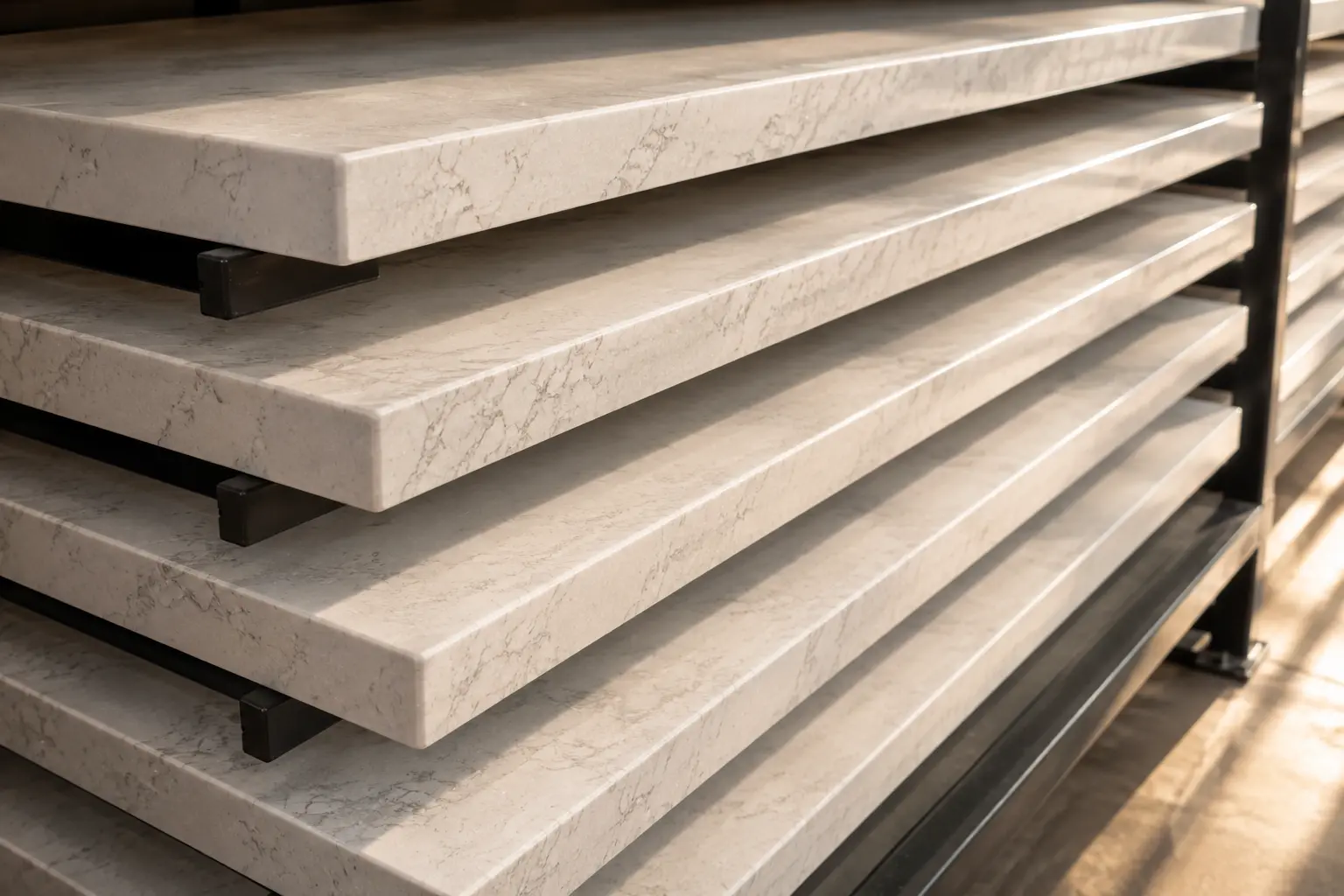Conceptual rendering of a Prefabricated quartz countertop pieces with finished edges on warehouse shelving