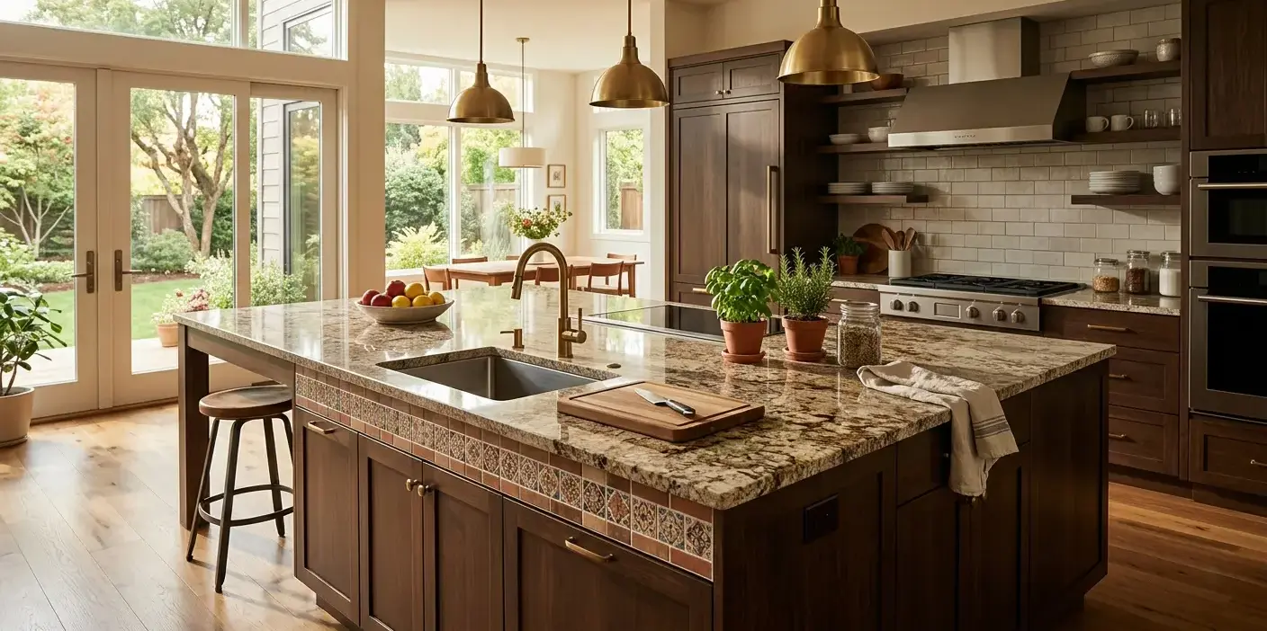 Conceptual rendering of a kitchen islands layout with granite slab top and tile base border