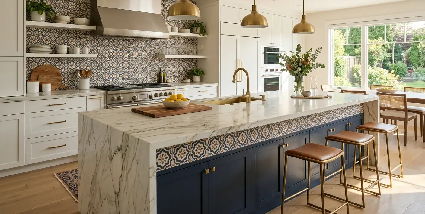 Conceptual rendering of a kitchen islands design pairing quartzite slab with patterned tile band