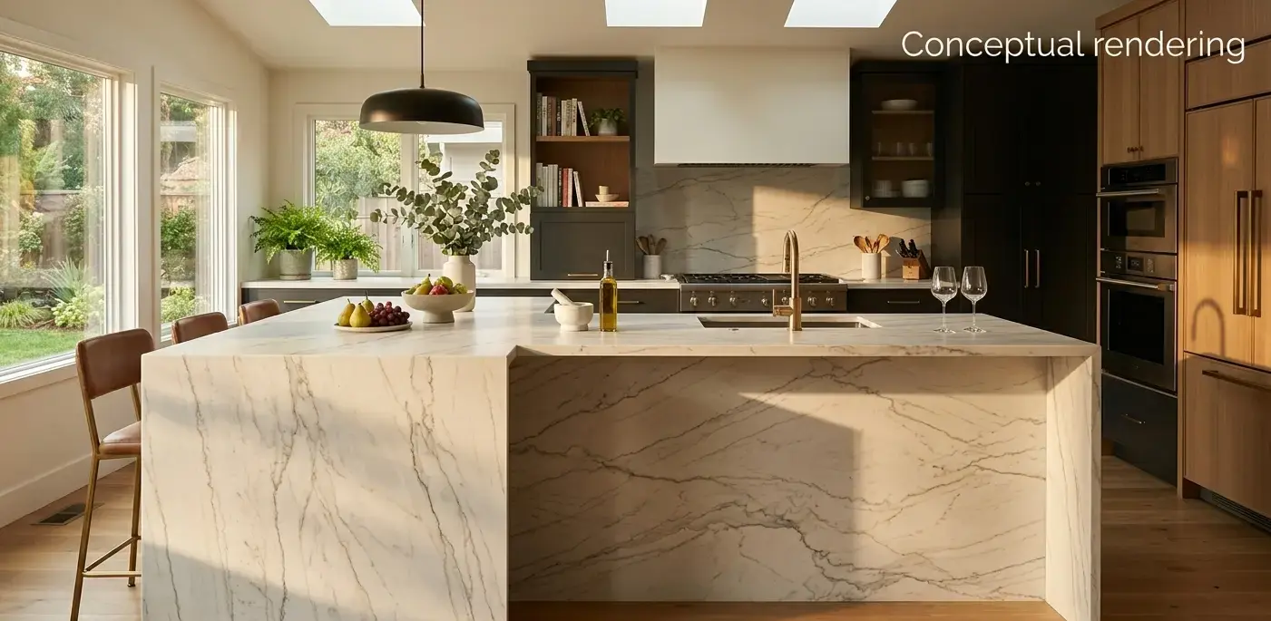 Conceptual rendering of honed quartzite in kitchen