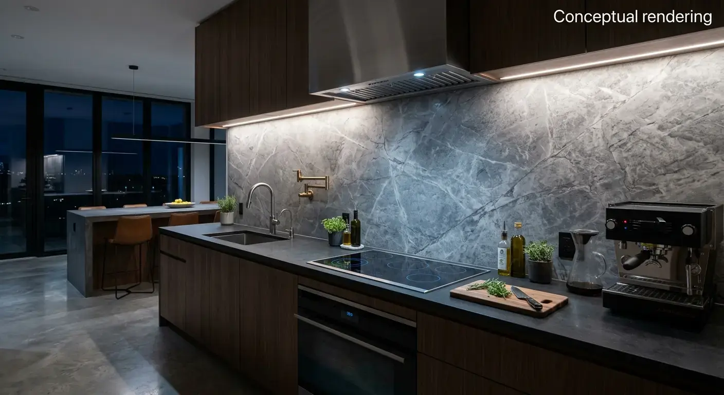 Conceptual rendering of quartzite slab in kitchen backsplash