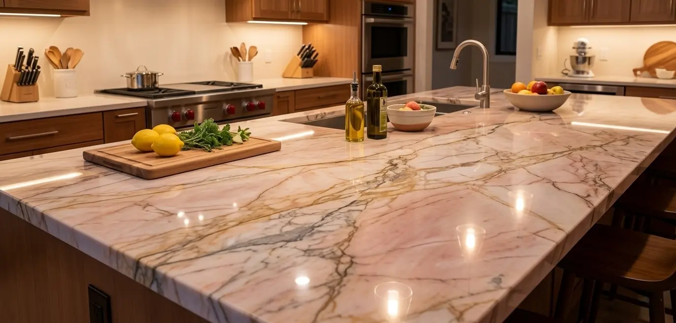 Conceptual rendering of polished pink quartzite in a luxury kitchen countertop at Incline Village, NV