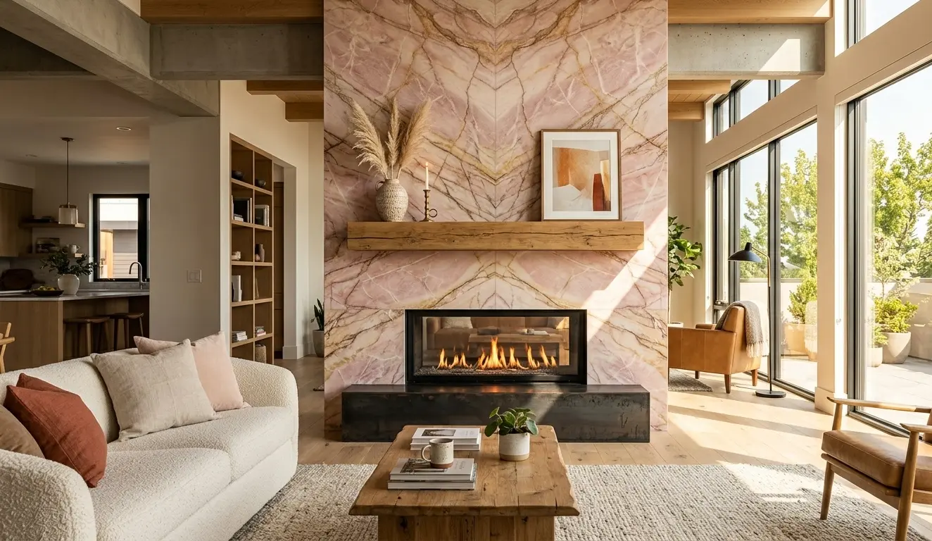 Conceptual rendering of luxury fireplace surround made from pink quartzite at Incline Village, NV