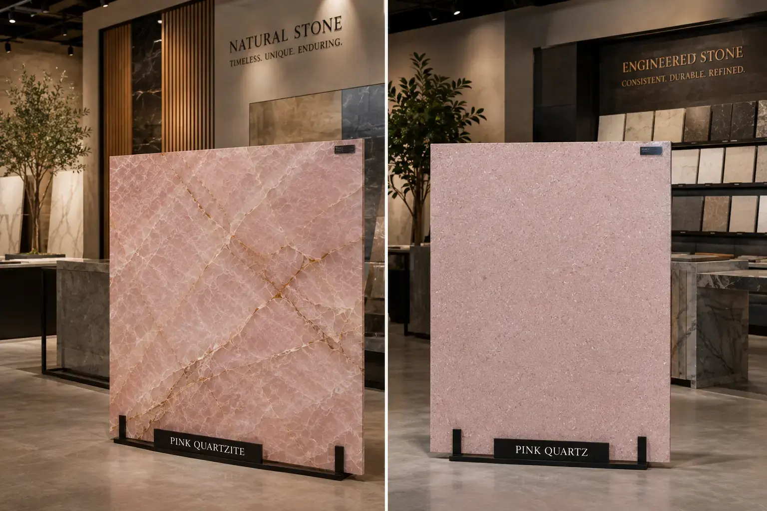 Conceptual rendering of pink quartzite and pink quartz slabs in a luxury showroom