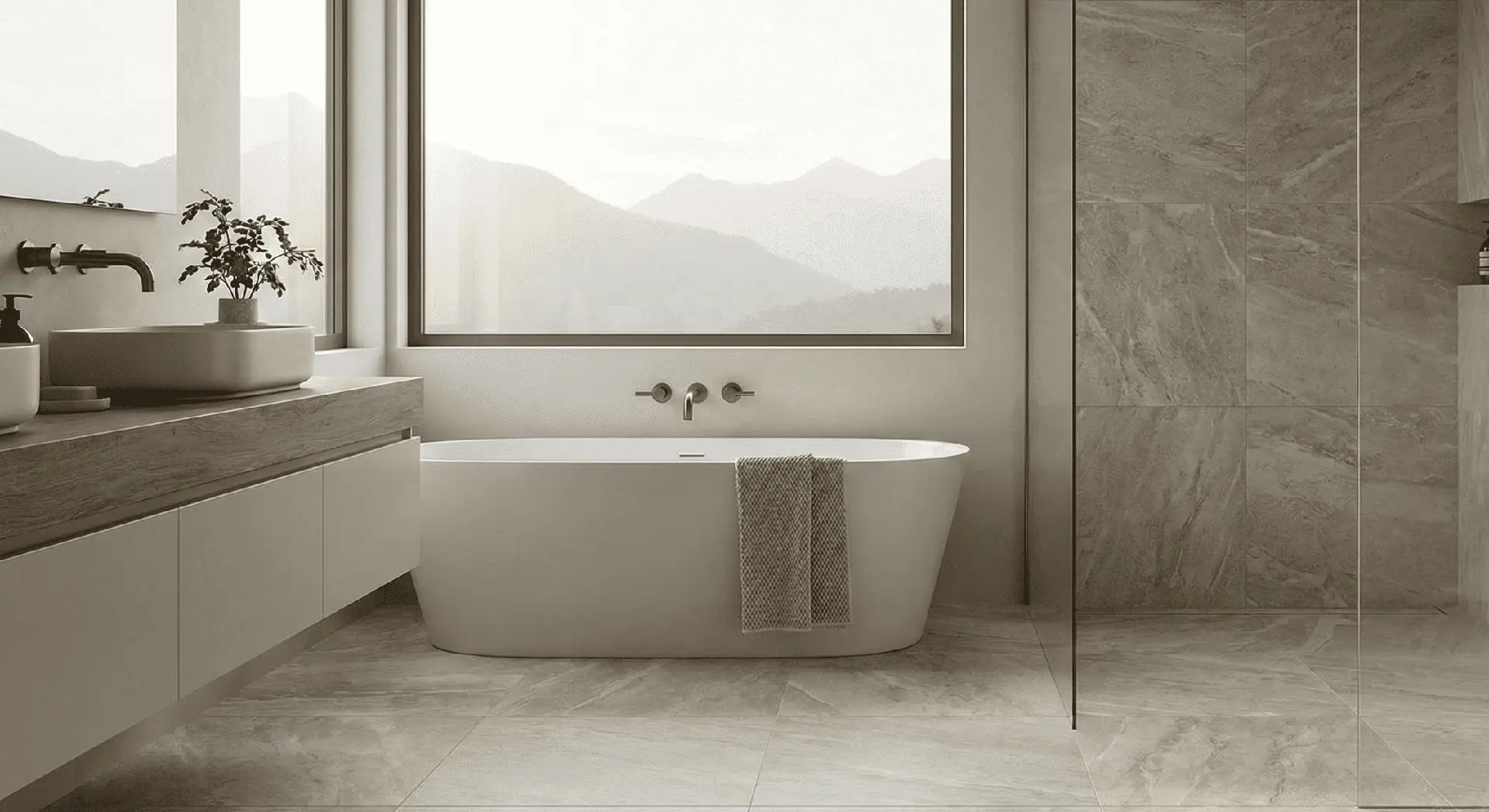 Conceptual rendering of porcelain tile in bathroom floor and wall
