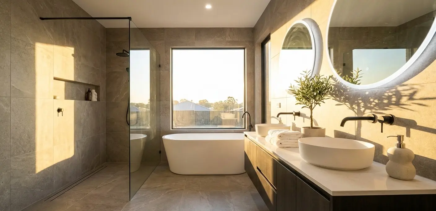 Conceptual rendering of beige porcelain tile in bathroom