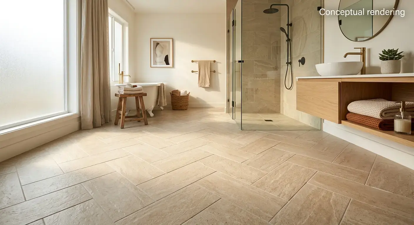 Conceptual rendering of textured porcelain tile in bathroom floor