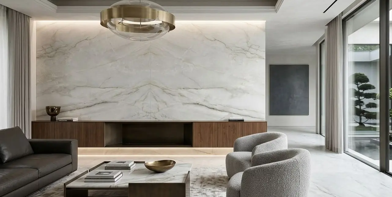 Conceptual rendering of a allure quartzite accent wall in living room