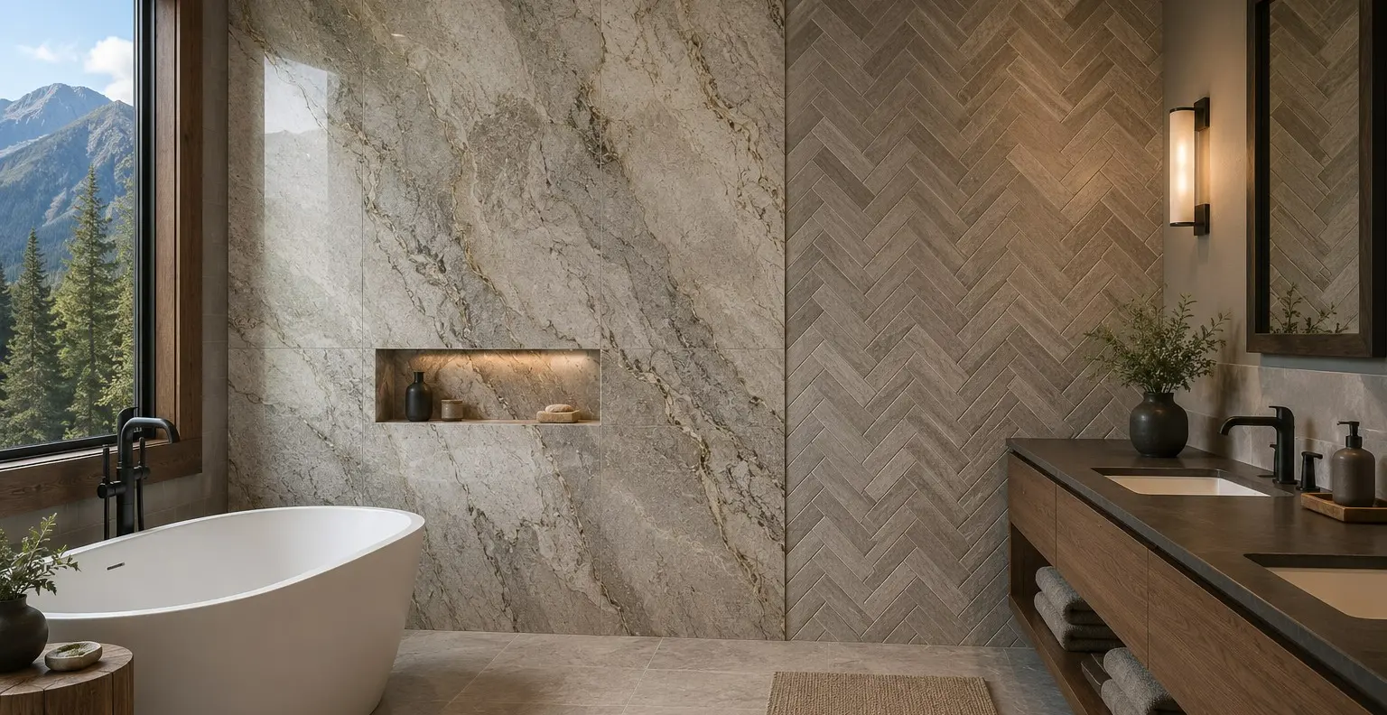 Conceptual rendering of a Tile and slab wall comparison in a mountain-style bathroom
