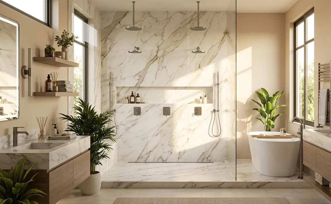 Conceptual rendering of a bathroom trends marble shower surround