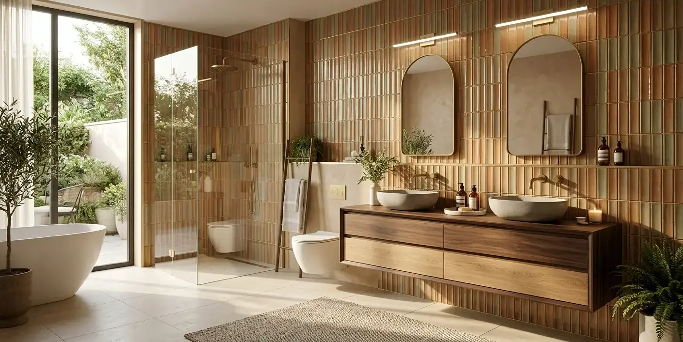 Conceptual rendering of a bathroom trends tile accent wall