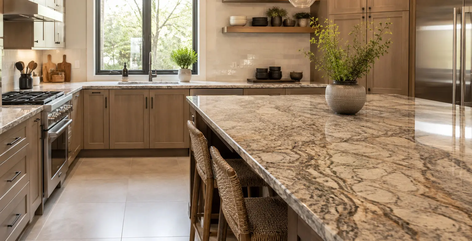 Conceptual rendering of a kitchen island with granite countertop featuring beige and brown veining, wicker barstools, and wood cabinetry