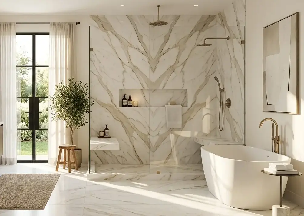 Conceptual rendering of bathroom remodels featuring marble shower wall accents.