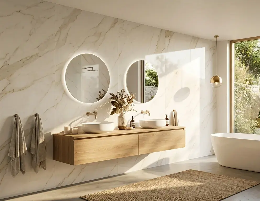 Conceptual rendering of a porcelain slab wall in a bathroom remodels project