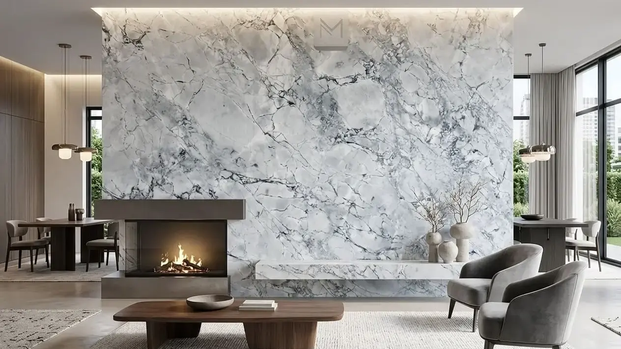 Conceptual rendering of a modern living room with a large white veined stone feature wall and fireplace