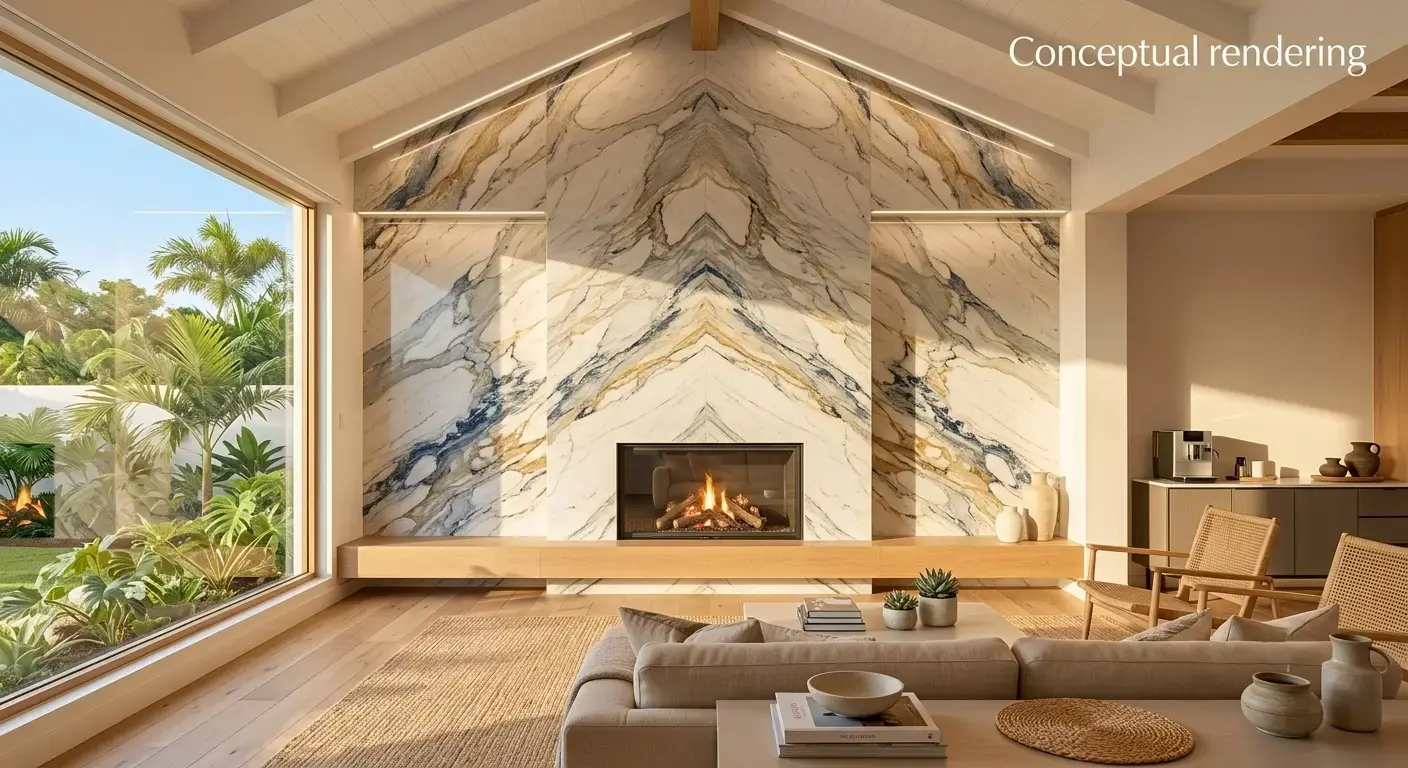 Conceptual rendering of quartzite slab in fireplace surround