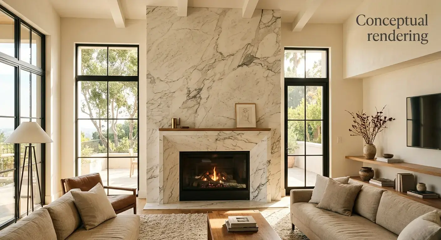 Conceptual rendering of leathered marble in fireplace surround