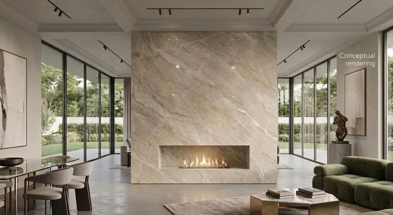Conceptual rendering of allure quartzite in fireplace surround