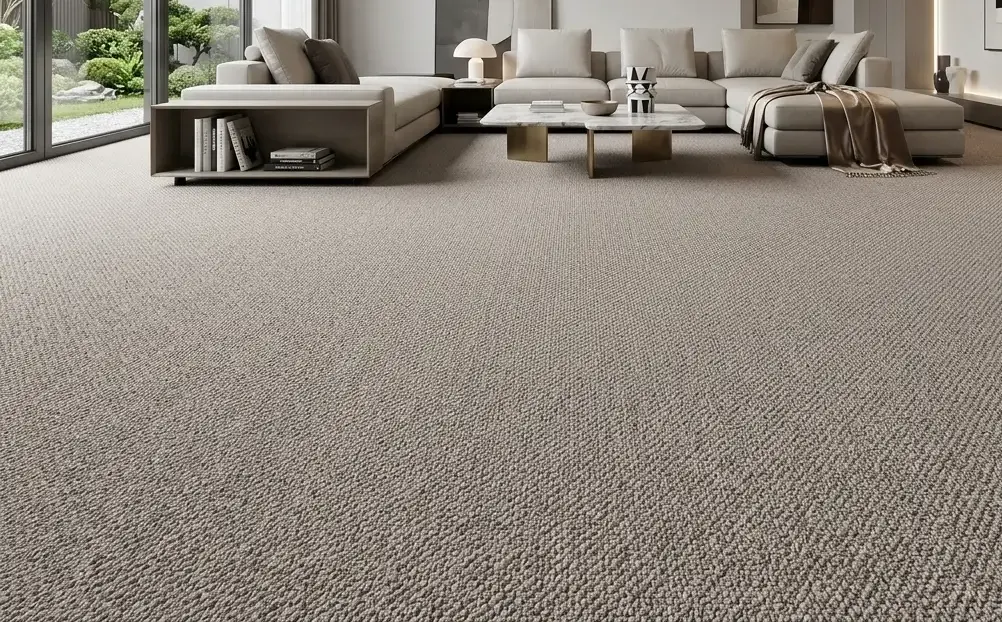 Conceptual rendering of living room with seamless installation of textured, beige loop-pile nylon carpet in Spanish Springs home