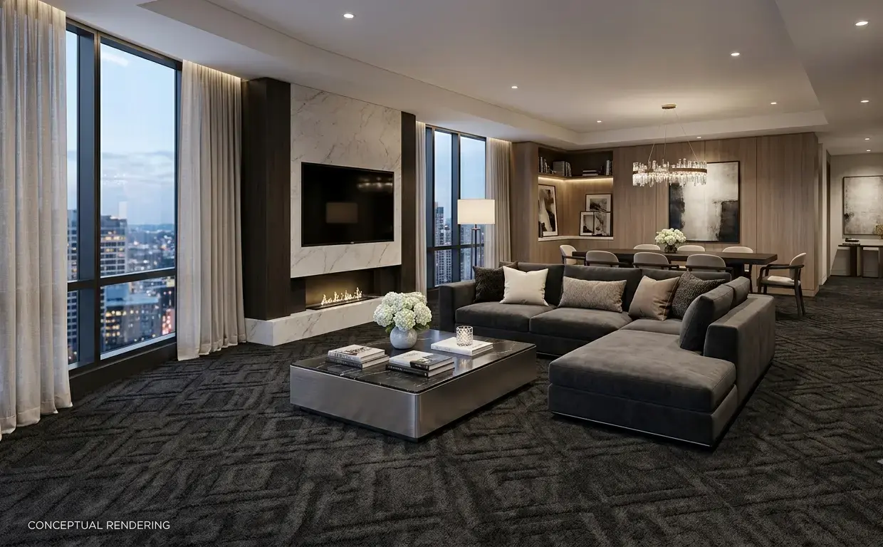 Conceptual rendering of luxury modern interior featuring dark patterned carpet and high-end furnishings at Spanish Springs