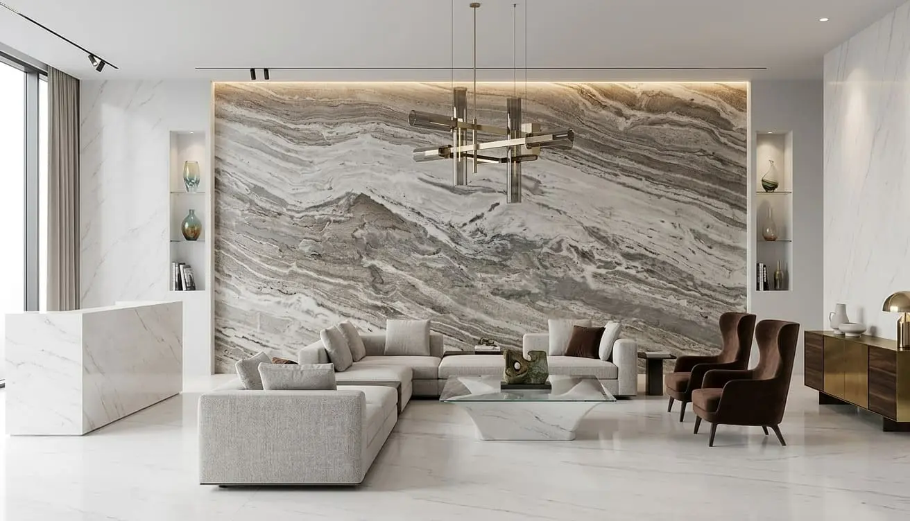 Conceptual rendering of brown dolomite feature wall with wavy natural veining in a modern living room