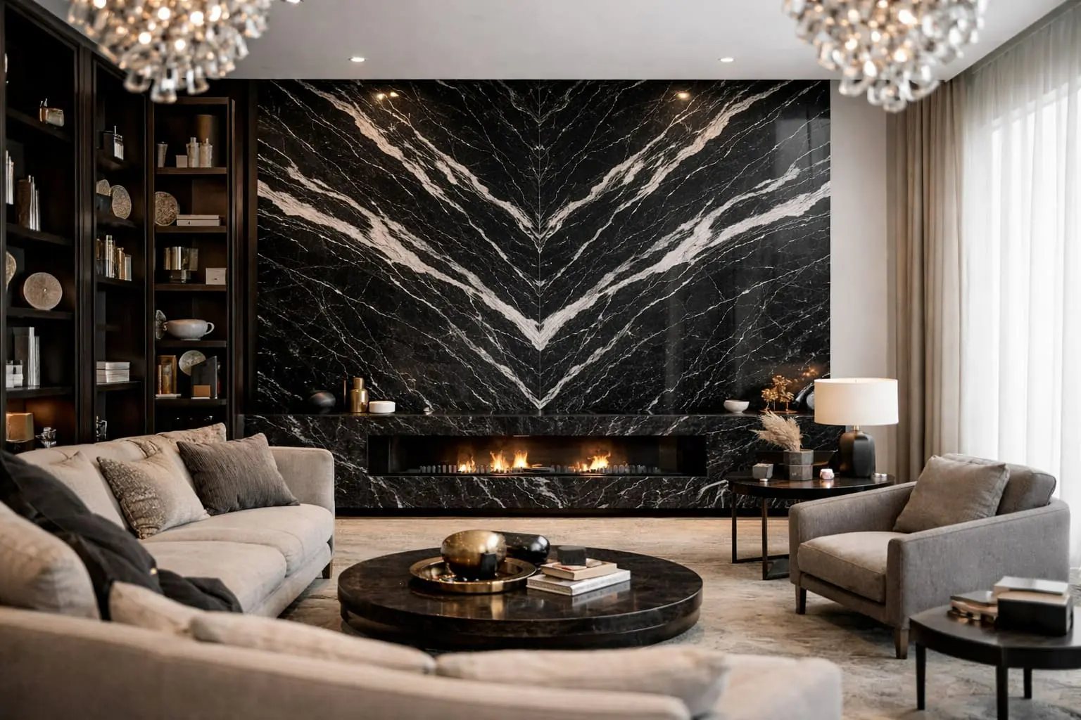 Conceptual rendering of black dolomite fireplace wall with dramatic white veining in a modern living room