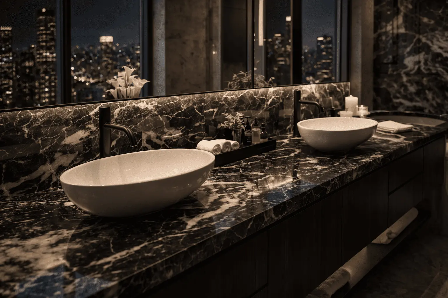 Conceptual rendering of black dolomite double-sink bathroom vanity with veining and city skyline view