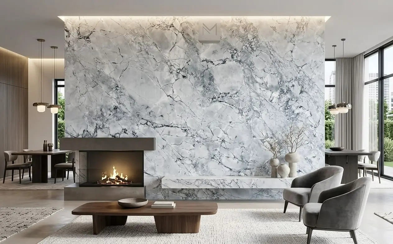 Conceptual rendering of gray dolomite fireplace wall with veining in an open-concept living and dining space