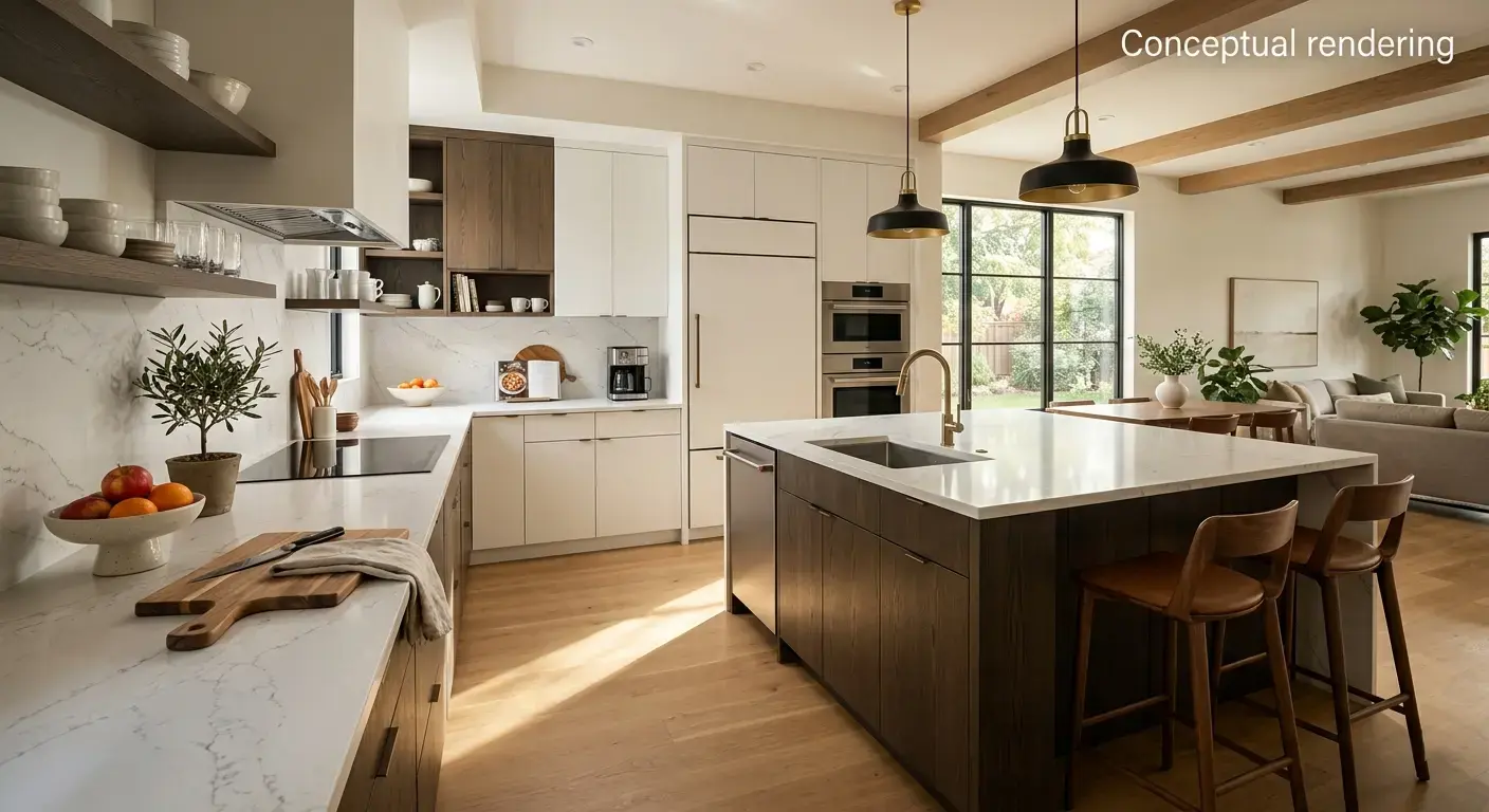 Conceptual rendering of a modern kitchen inspiration layout with quartz slab countertop