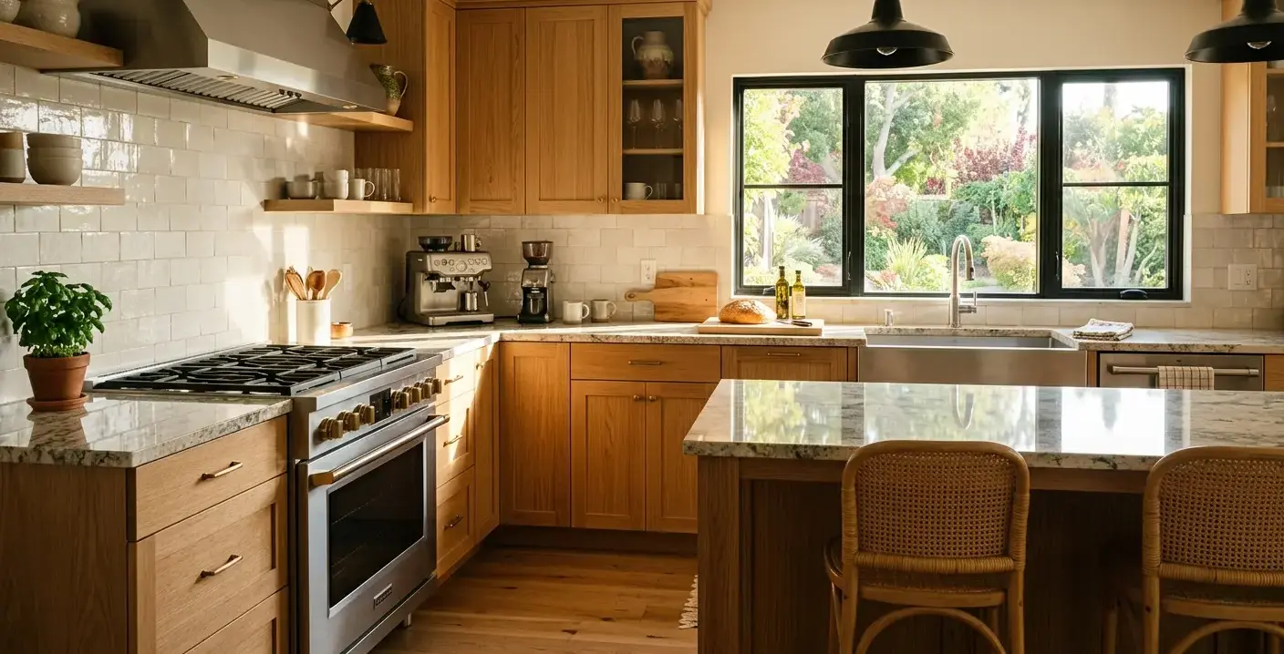 Conceptual rendering of a kitchen inspiration backsplash with porcelain tile and granite counters