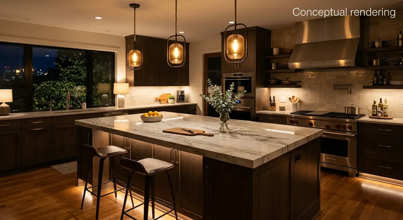 Conceptual rendering of a kitchen inspiration island with quartzite slab countertop and pendant lighting
