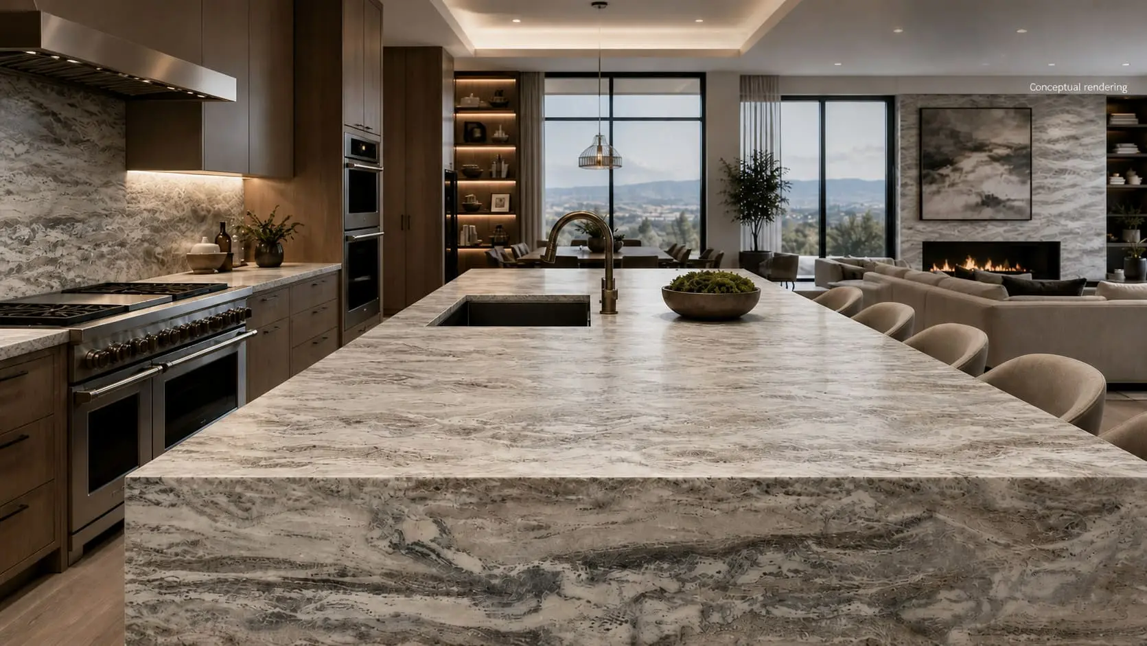 Conceptual rendering of honed fantasy brown dolomite kitchen island with matching backsplash and open living area view