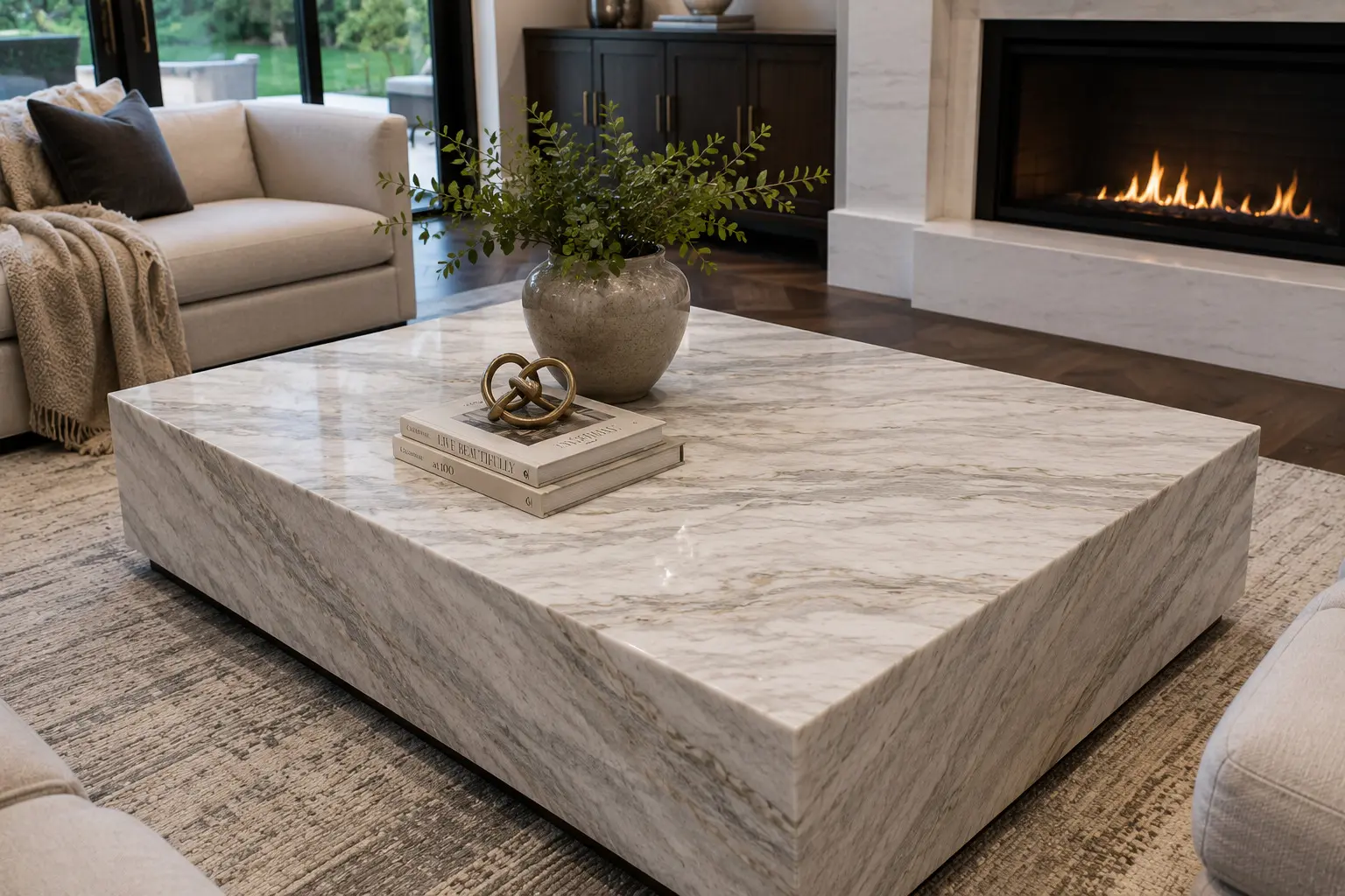 Conceptual rendering of fantasy brown dolomite coffee table in a cozy living room by the fireplace