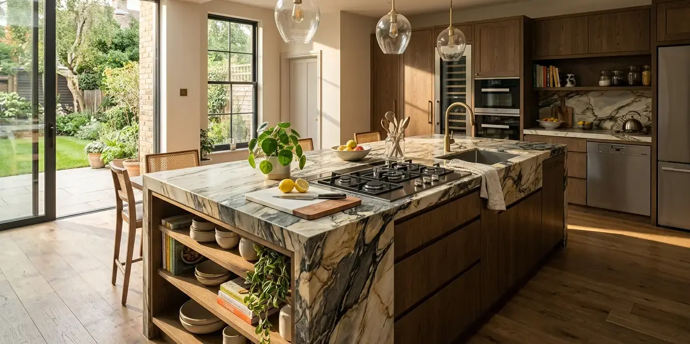 Conceptual rendering of a natural stone slab kitchen island