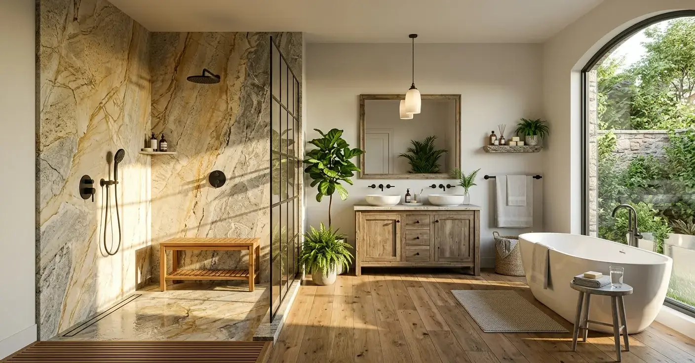Conceptual rendering of a natural stone slab shower surround