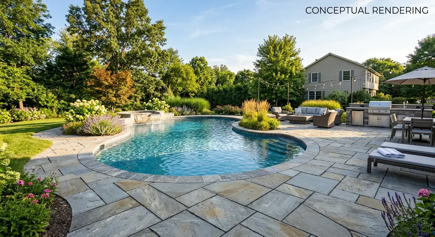 Conceptual rendering of a granite slab patio bordering a Wadsworth backyard pool