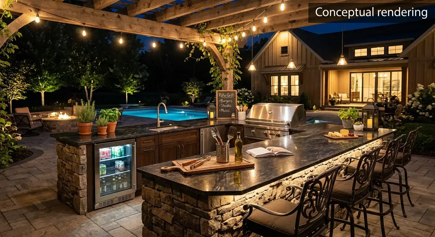 Conceptual rendering of an outdoor kitchen island topped with granite slab counters