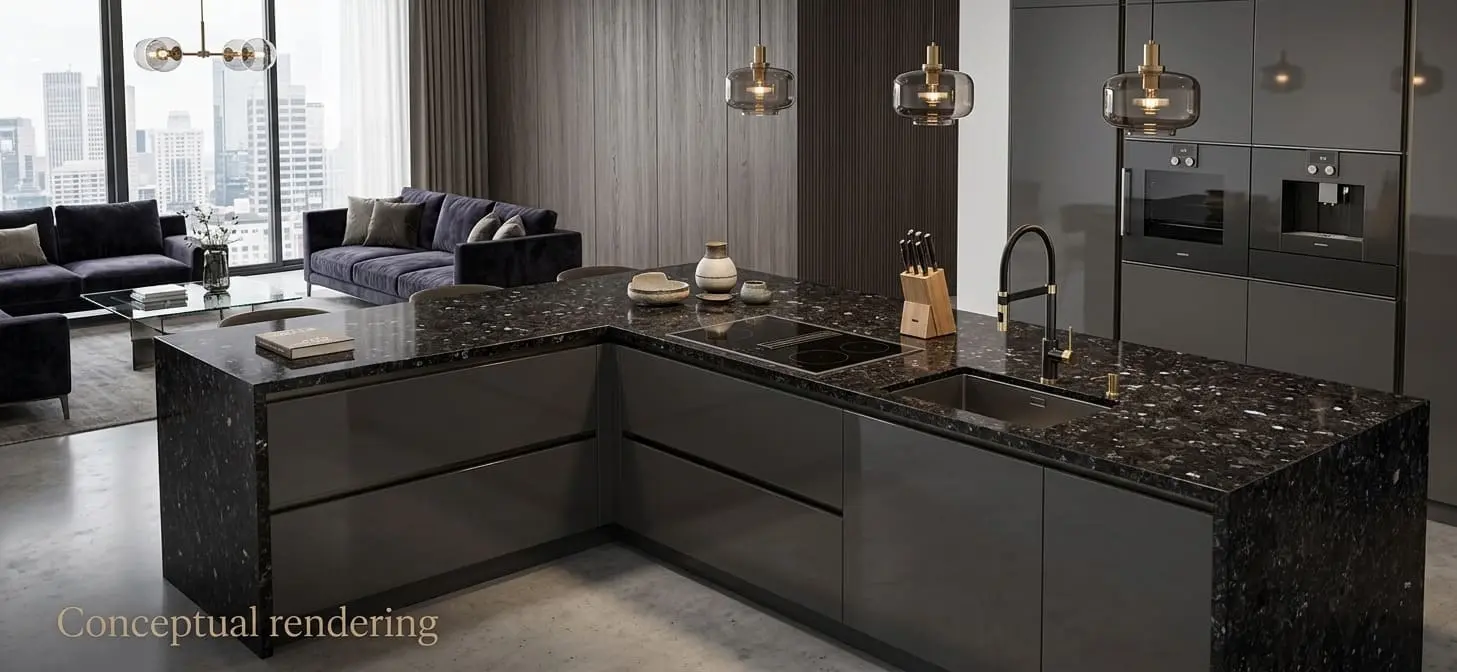 Conceptual rendering of black pearl granite in kitchen countertop