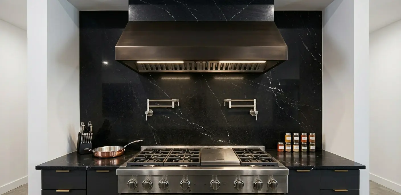 Conceptual rendering of black quartzite in kitchen stove