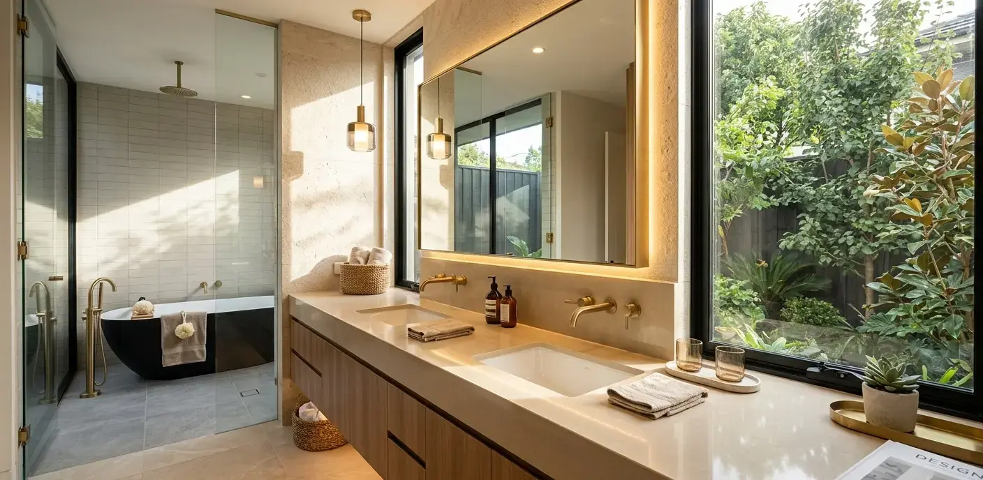 Modern bathroom vanity with a polished beige quartz countertop, double sinks, and brass fixtures