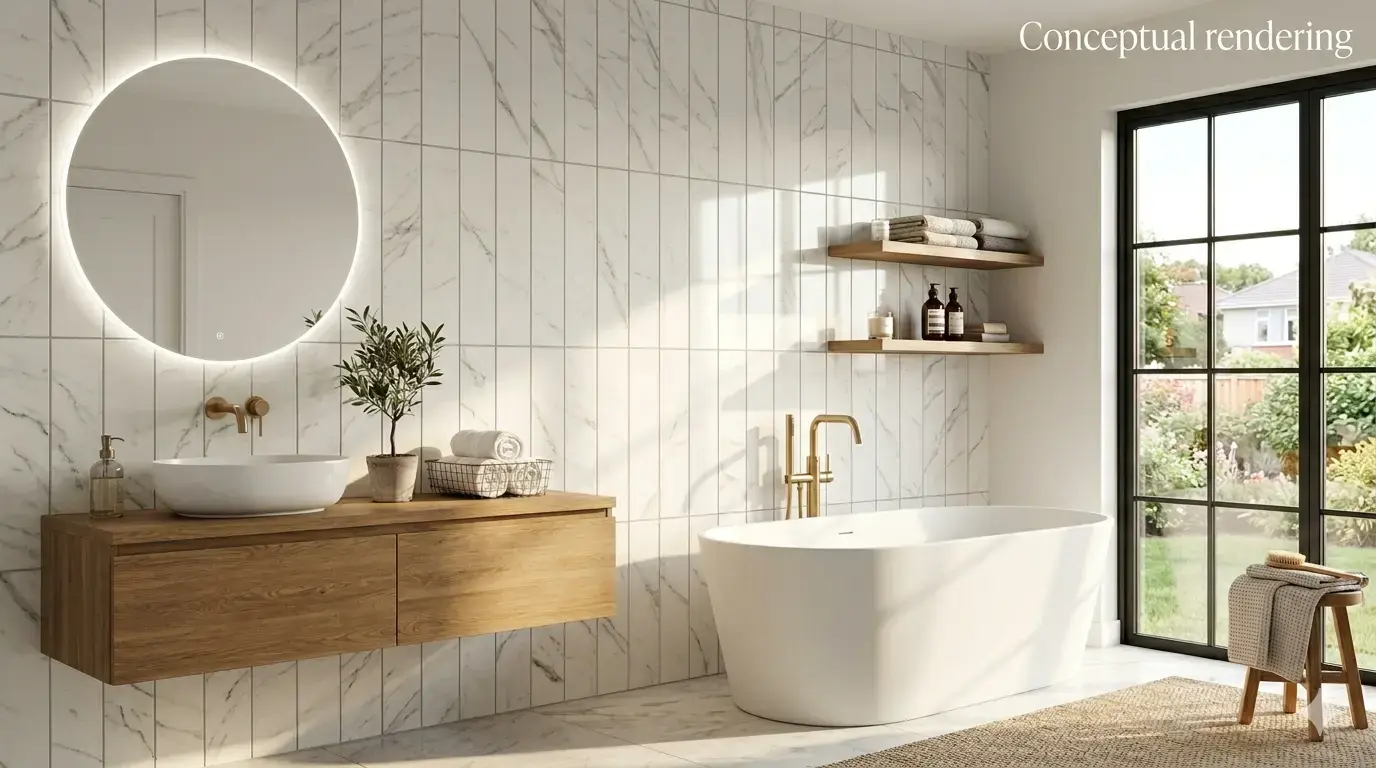 Conceptual rendering of 12x24 marble look porcelain tile in bathroom wall