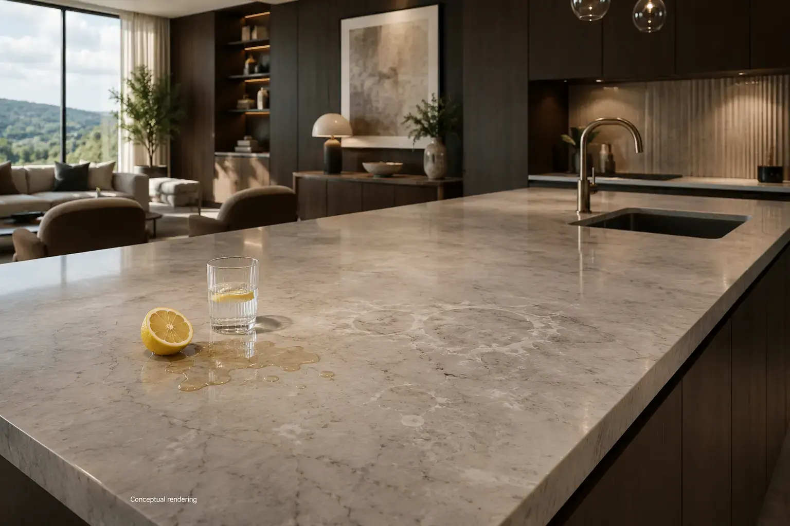 Conceptual rendering of dolomite countertop showing etching from an acidic spill