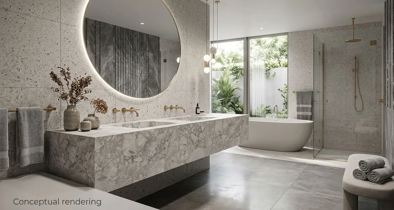 Conceptual rendering of bathroom featuring a seamless leathered dolomite countertop with integrated double sinks at Zephyr Cove, NV