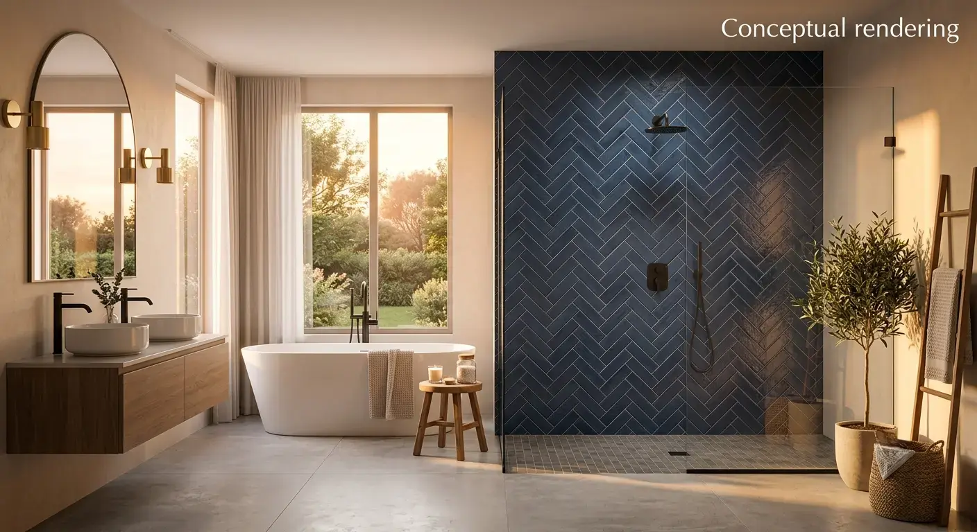 Conceptual rendering of herringbone porcelain tile in shower wall