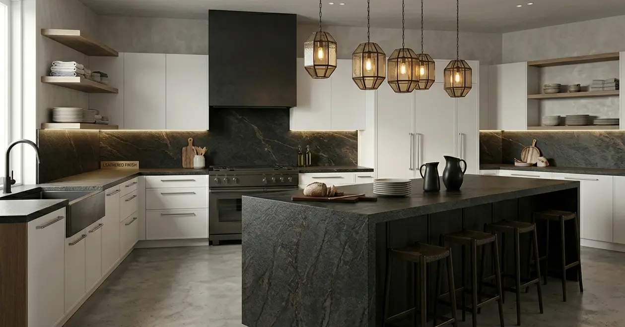 Conceptual rendering of a kitchen with leathered finish granite island and backsplash, white cabinetry, and pendant lighting
