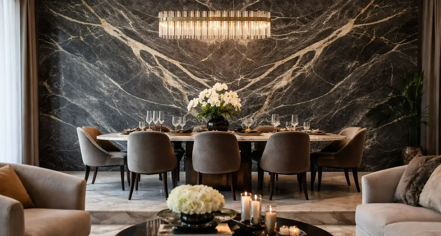 Conceptual rendering of a formal dining room accent wall in leathered finish graphite marble with dramatic light veining, featuring a round marble table and crystal chandelier