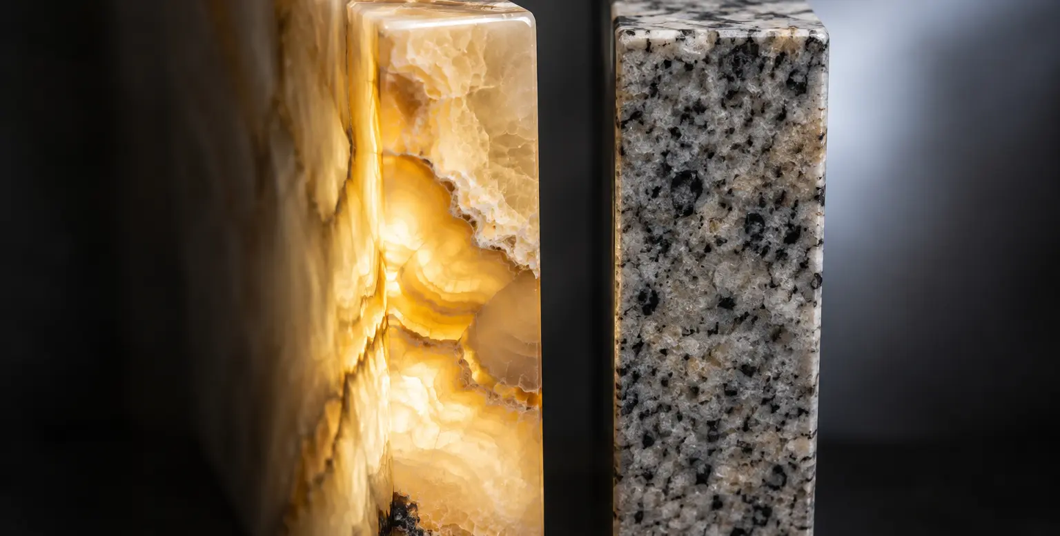 Conceptual rendering of a Semi-precious stone slab next to solid granite slab