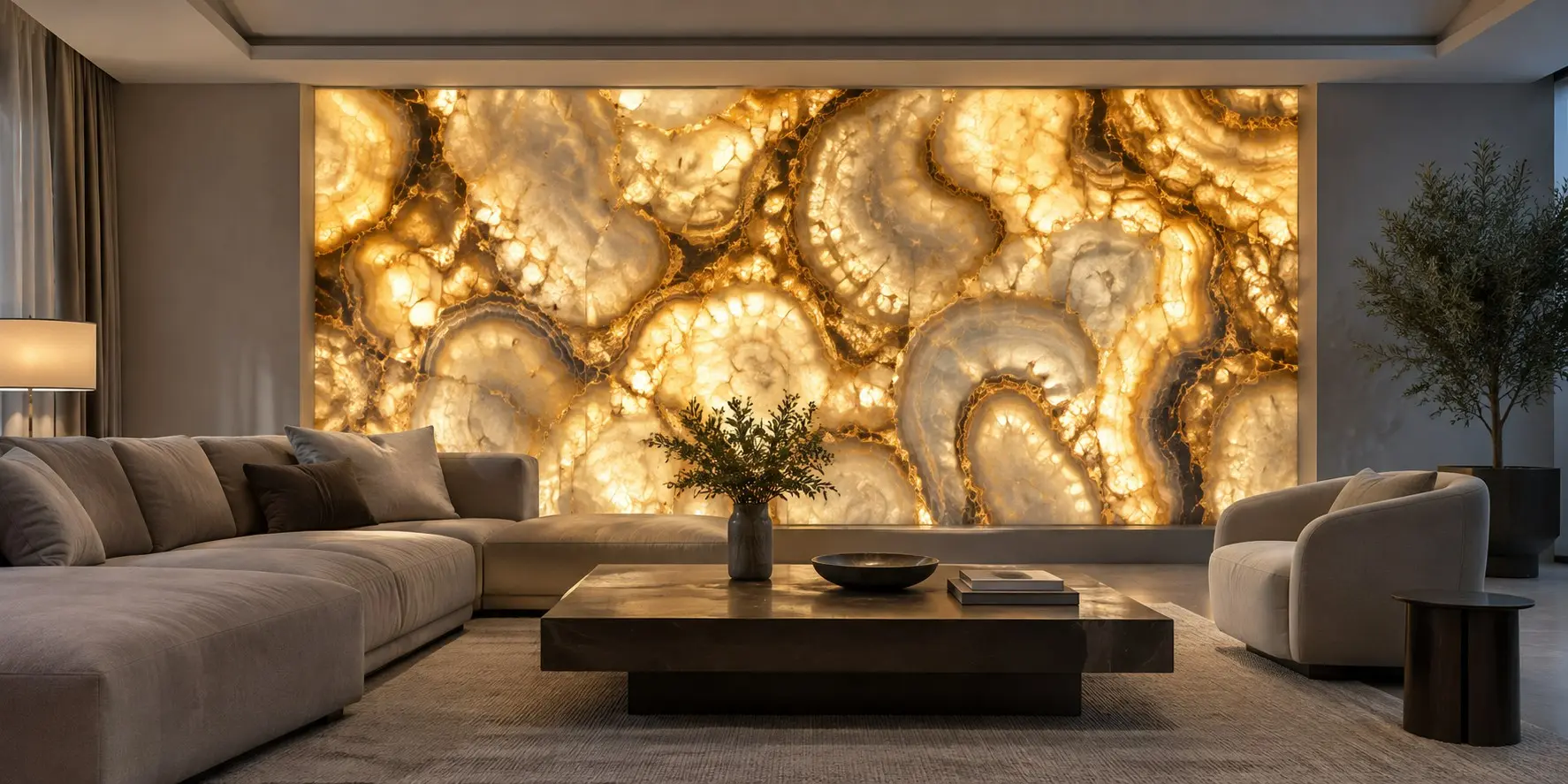 Conceptual rendering of a Single semi-precious stone accent wall in a neutral living room