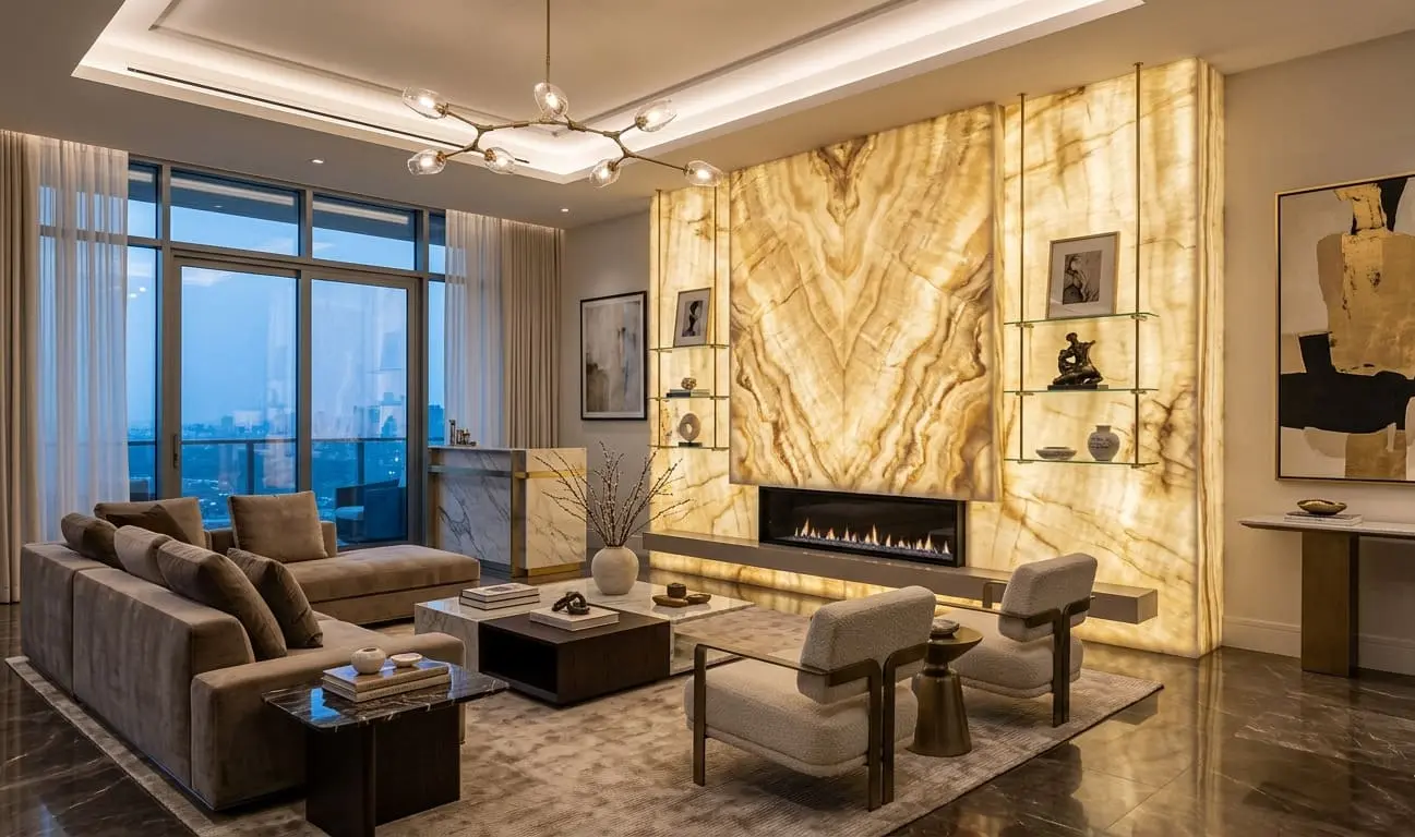 Conceptual rendering of backlit onyx in living room